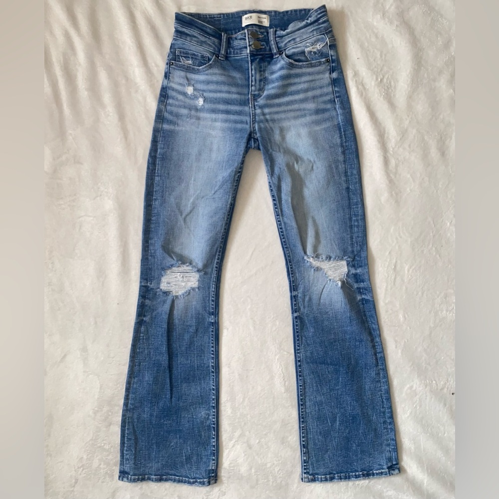 SZ 25 x 31.5 BKE Women's Light Blue Distressed Mid Rise Boot-Cut Stretchy Jeans